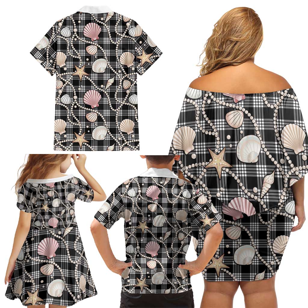 Hawaiian Ocean Seashells Family Matching Off Shoulder Short Dress and Hawaiian Shirt Black Palaka Pattern