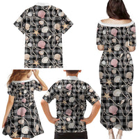 Hawaiian Ocean Seashells Family Matching Puletasi and Hawaiian Shirt Black Palaka Pattern