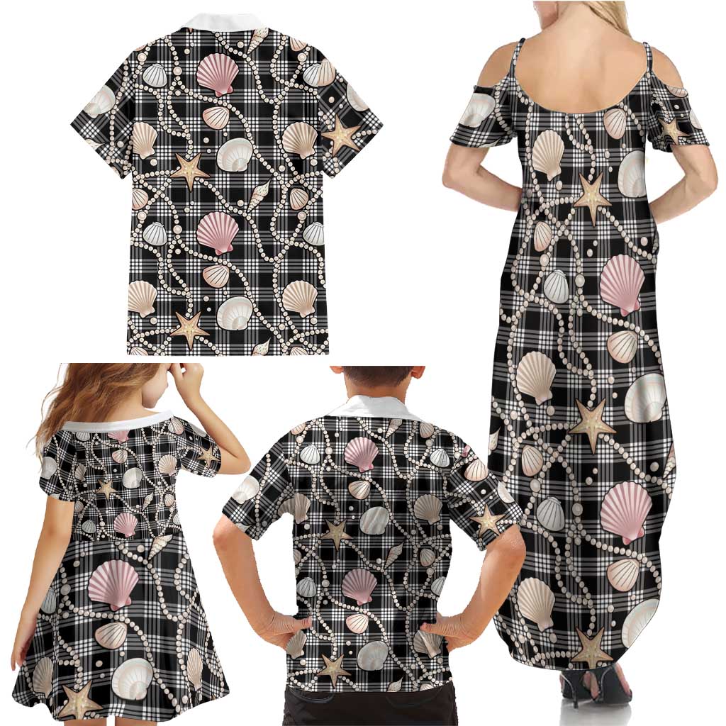 Hawaiian Ocean Seashells Family Matching Summer Maxi Dress and Hawaiian Shirt Black Palaka Pattern LT01 - Polynesian Pride