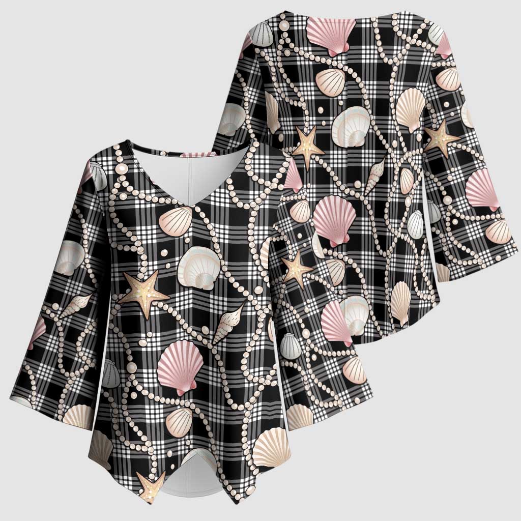 Hawaiian Ocean Seashells Kimono Sleeve Blouse Black Palaka Pattern