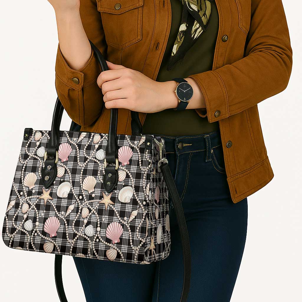 Hawaiian Ocean Seashells Leather Bag Black Palaka Pattern