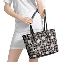Hawaiian Ocean Seashells Leather Tote Bag Black Palaka Pattern