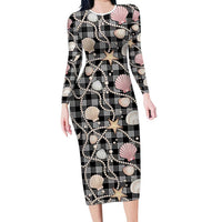 Hawaiian Ocean Seashells Long Sleeve Bodycon Dress Black Palaka Pattern