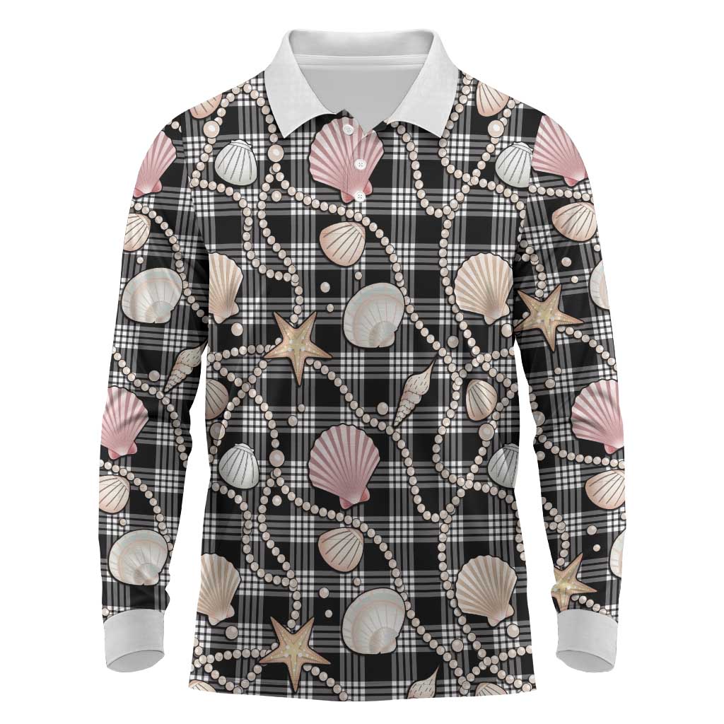 Hawaiian Ocean Seashells Long Sleeve Polo Shirt Black Palaka Pattern
