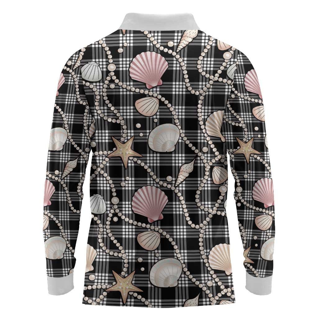 Hawaiian Ocean Seashells Long Sleeve Polo Shirt Black Palaka Pattern