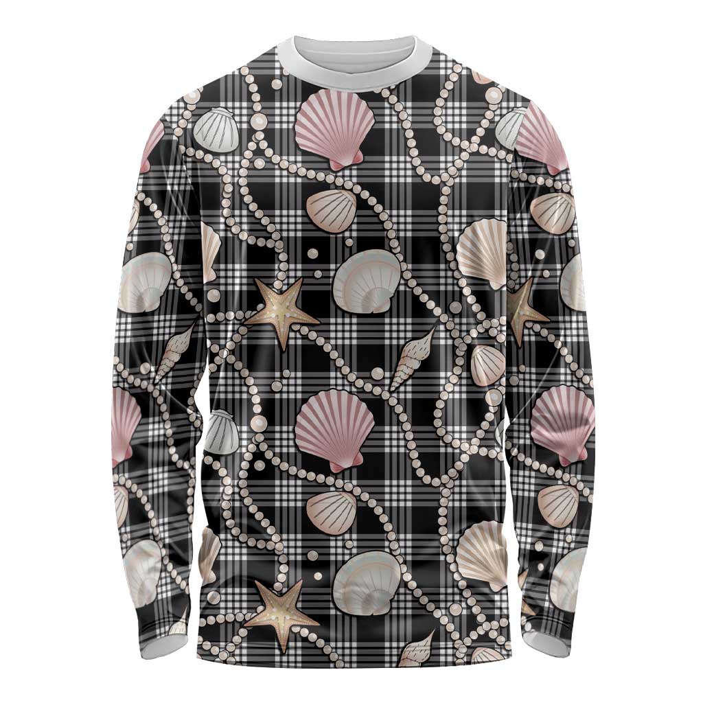 Hawaiian Ocean Seashells Long Sleeve Shirt Black Palaka Pattern