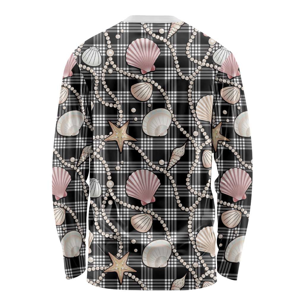 Hawaiian Ocean Seashells Long Sleeve Shirt Black Palaka Pattern