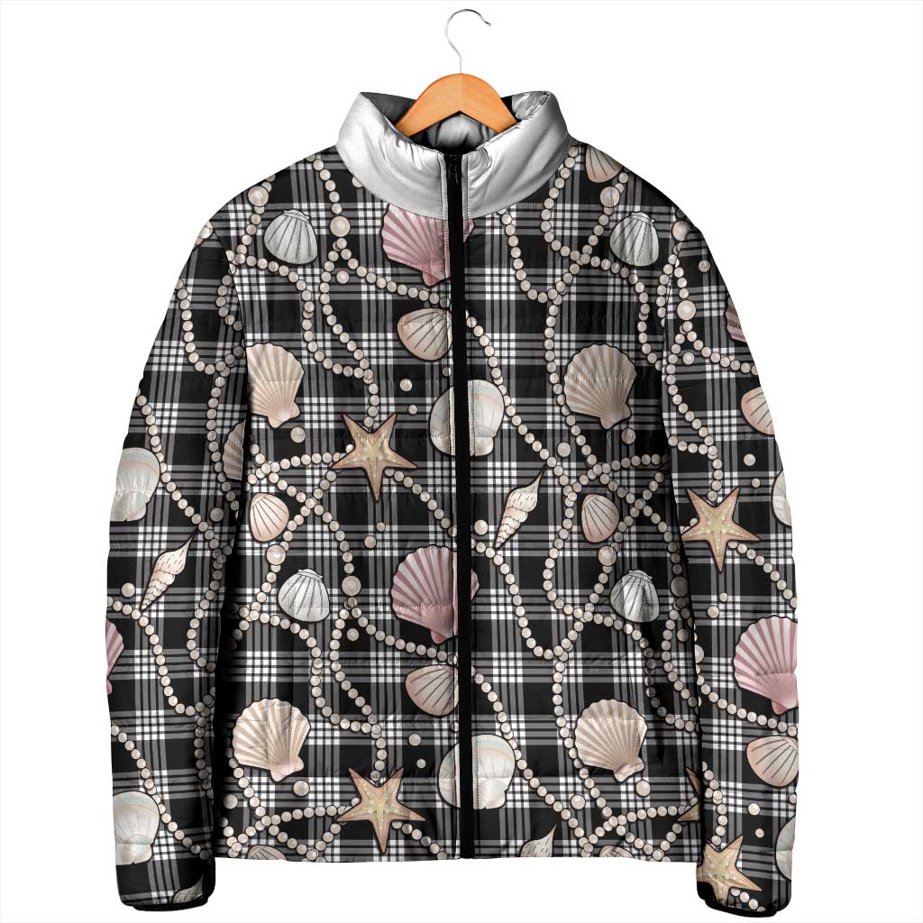 Hawaiian Ocean Seashells Padded Jacket Black Palaka Pattern