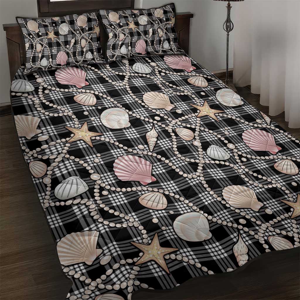 Hawaiian Ocean Seashells Quilt Bed Set Black Palaka Pattern