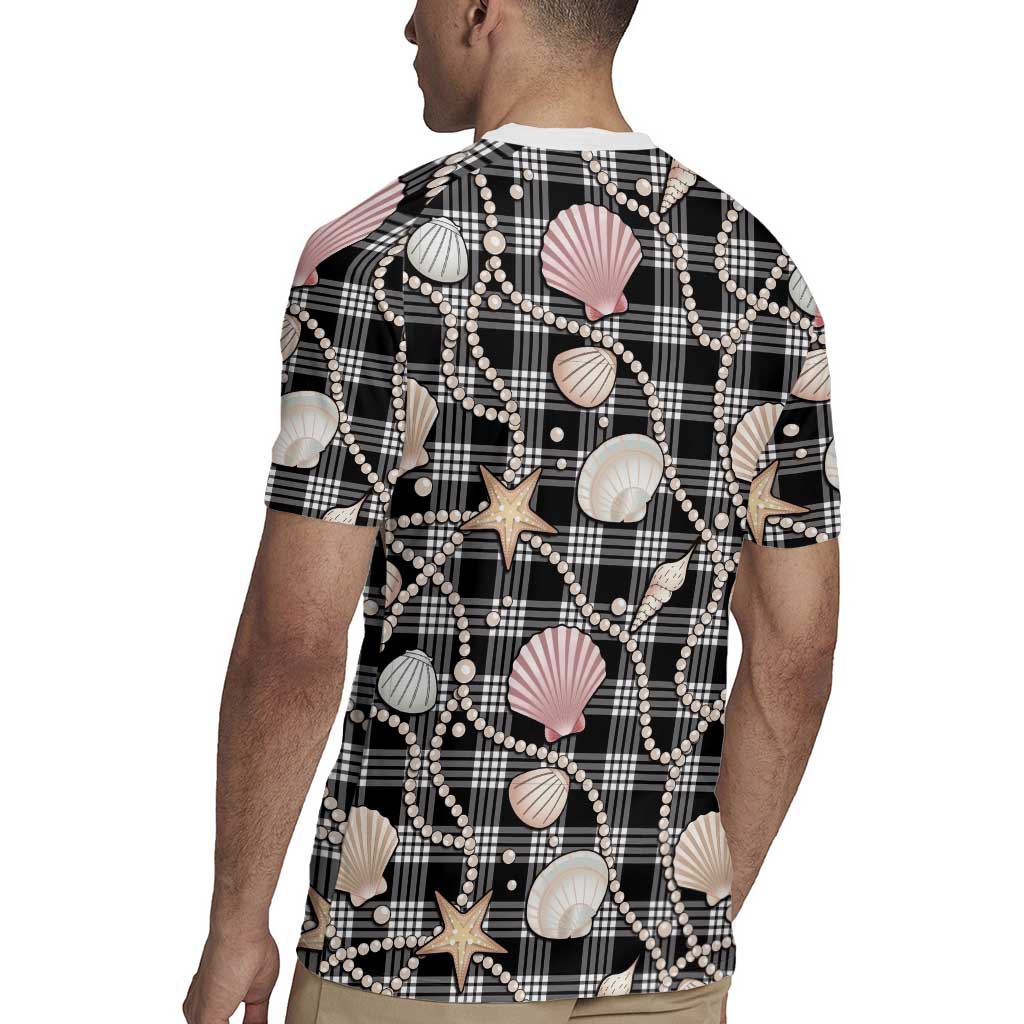 Hawaiian Ocean Seashells Rugby Jersey Black Palaka Pattern