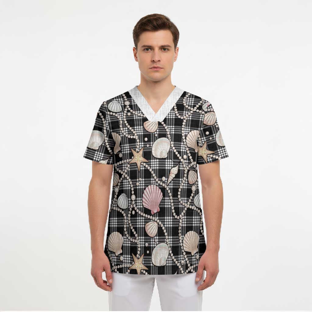 Hawaiian Ocean Seashells Scrub Top Black Palaka Pattern