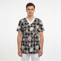 Hawaiian Ocean Seashells Scrub Top Black Palaka Pattern