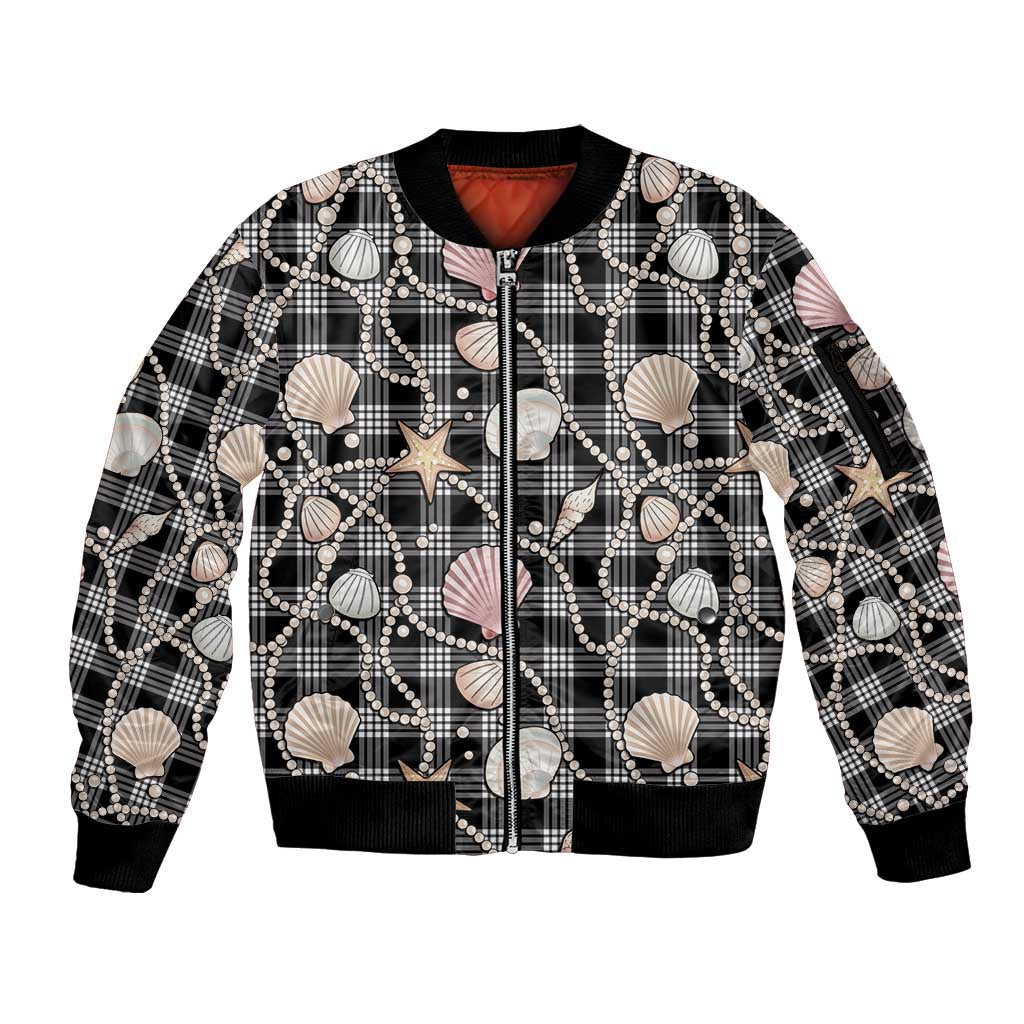 Hawaiian Ocean Seashells Sleeve Zip Bomber Jacket Black Palaka Pattern