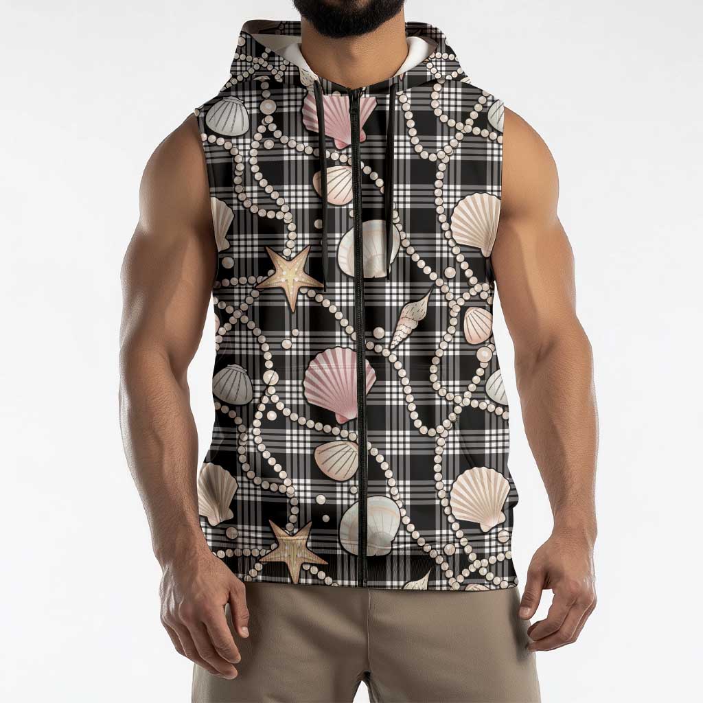 Hawaiian Ocean Seashells Sleeveless Zip Hoodie Black Palaka Pattern