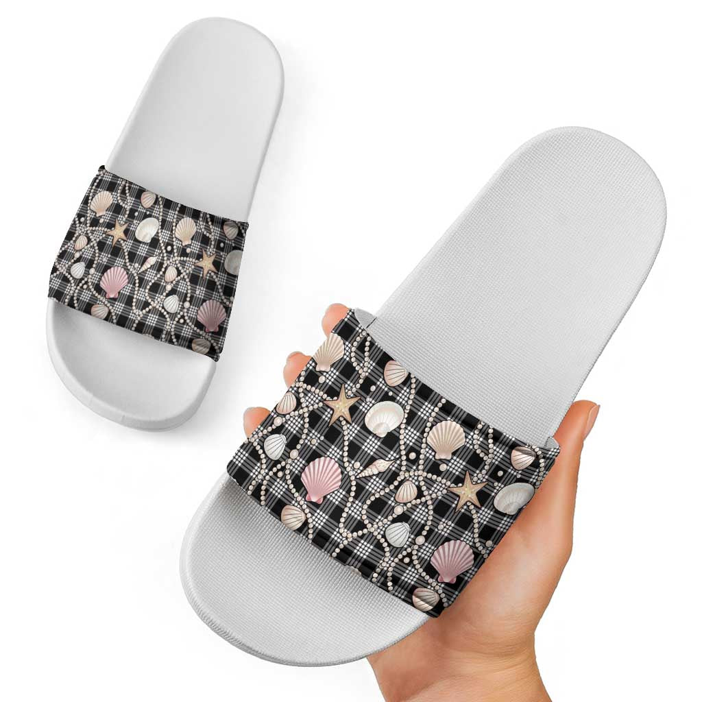 Hawaiian Ocean Seashells Slide Sandals Black Palaka Pattern