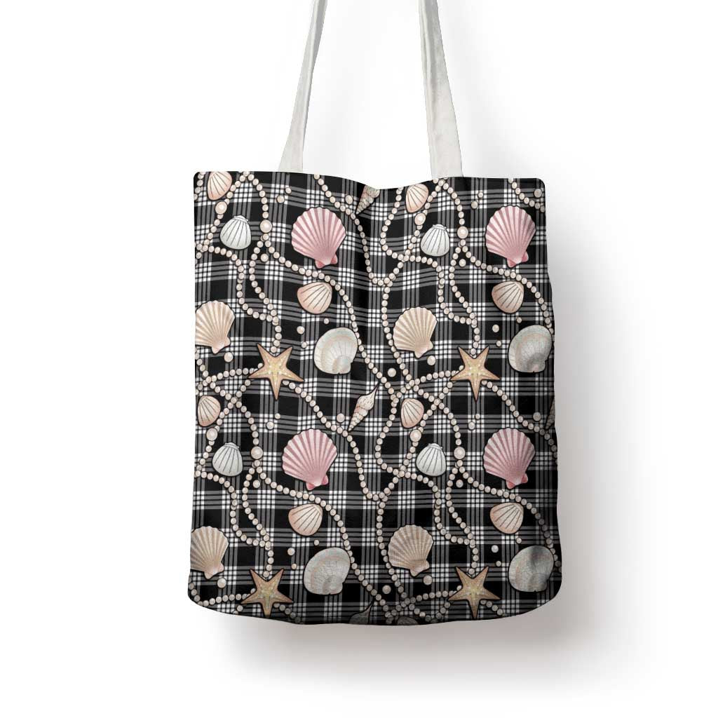 Hawaiian Ocean Seashells Tote Bag Black Palaka Pattern