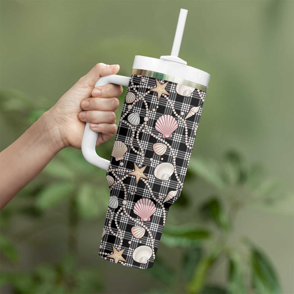 Hawaiian Ocean Seashells Tumbler With Handle Black Palaka Pattern