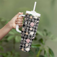 Hawaiian Ocean Seashells Tumbler With Handle Black Palaka Pattern