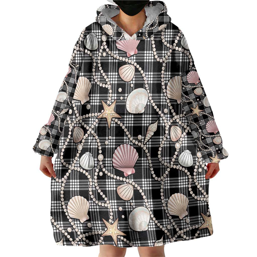 Hawaiian Ocean Seashells Wearable Blanket Hoodie Black Palaka Pattern