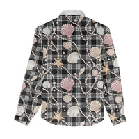 Hawaiian Ocean Seashells Women Casual Shirt Black Palaka Pattern