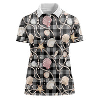 Hawaiian Ocean Seashells Women Polo Shirt Black Palaka Pattern