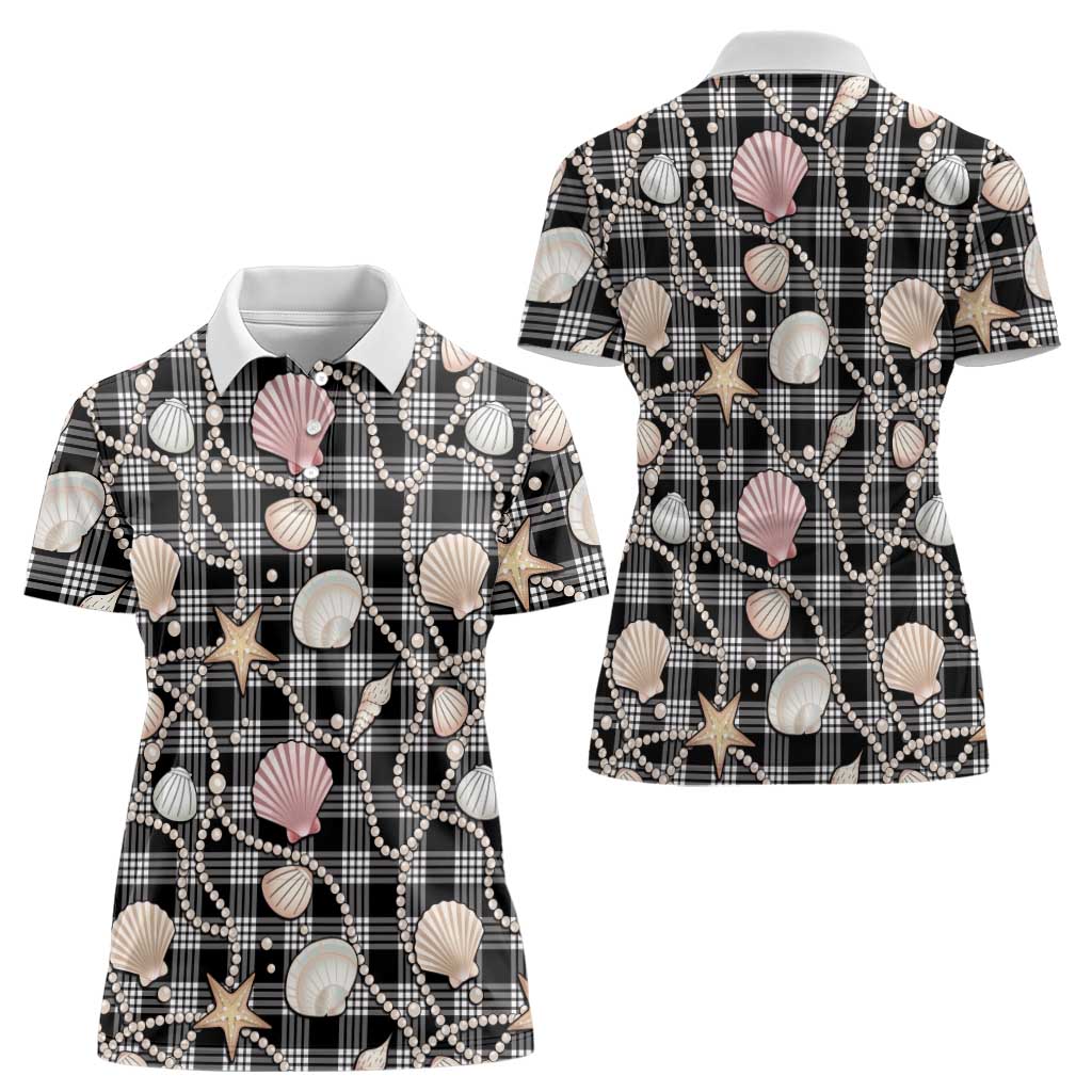 Hawaiian Ocean Seashells Women Polo Shirt Black Palaka Pattern
