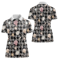 Hawaiian Ocean Seashells Women Polo Shirt Black Palaka Pattern