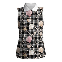 Hawaiian Ocean Seashells Women Sleeveless Polo Shirt Black Palaka Pattern