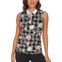 Hawaiian Ocean Seashells Women Sleeveless Polo Shirt Black Palaka Pattern