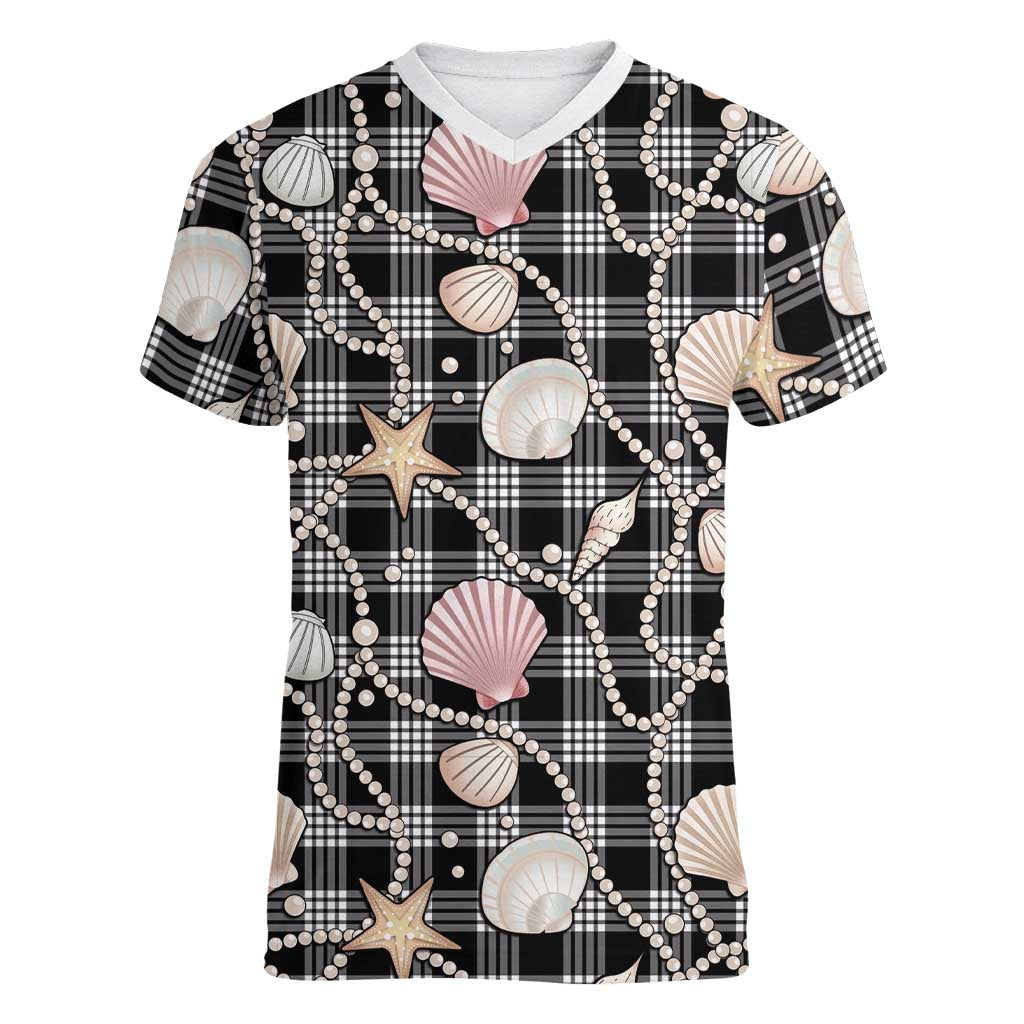 Hawaiian Ocean Seashells Women V-Neck T-Shirt Black Palaka Pattern