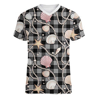 Hawaiian Ocean Seashells Women V-Neck T-Shirt Black Palaka Pattern
