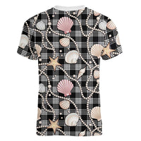 Hawaiian Ocean Seashells Women V-Neck T-Shirt Black Palaka Pattern