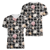 Hawaiian Ocean Seashells Women V-Neck T-Shirt Black Palaka Pattern