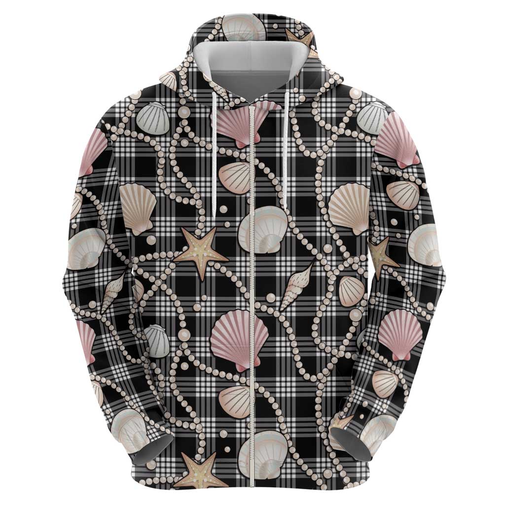 Hawaiian Ocean Seashells Zip Hoodie Black Palaka Pattern