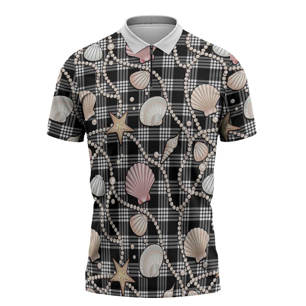 Hawaiian Ocean Seashells Zipper Polo Shirt Black Palaka Pattern