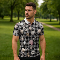 Hawaiian Ocean Seashells Zipper Polo Shirt Black Palaka Pattern