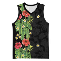 Hawaiian Hibiscus Plumeria Basketball Jersey Tropical Leaves LT01 Unisex Black - Polynesian Pride