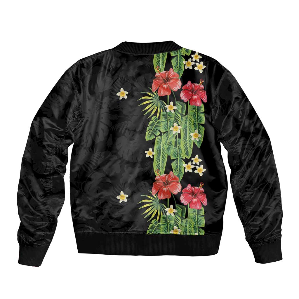 Hawaiian Hibiscus Plumeria Bomber Jacket Tropical Leaves