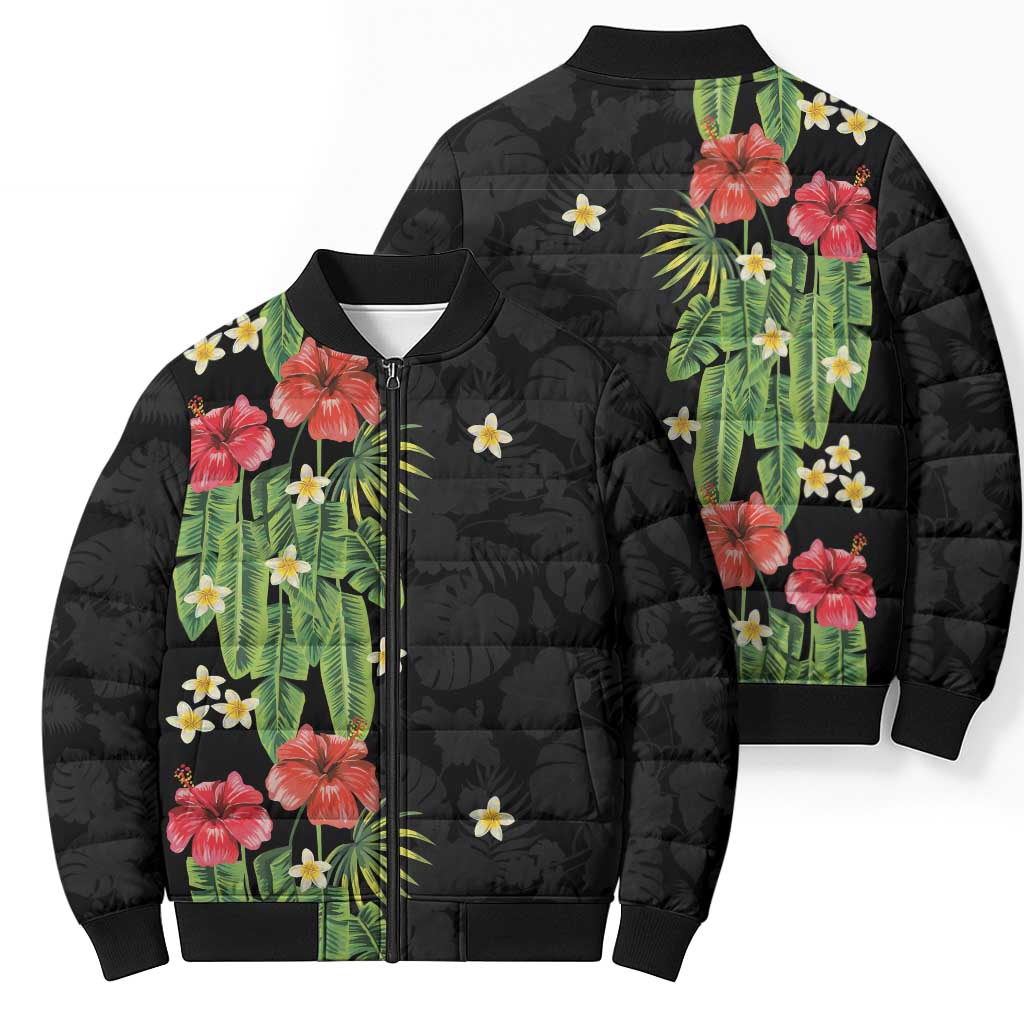 Hawaiian Hibiscus Plumeria Bomber Puffer Jacket Tropical Leaves