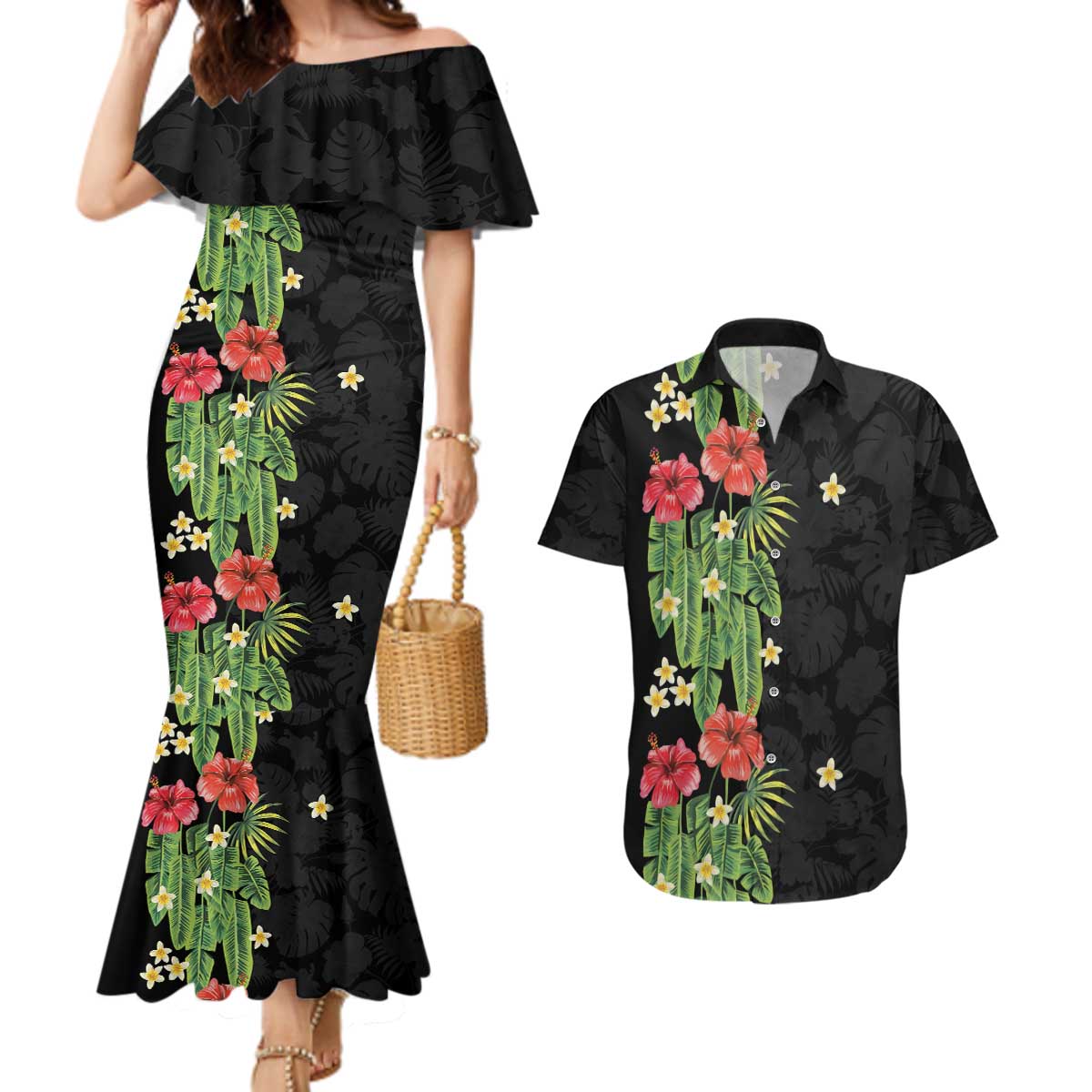 Hawaiian Hibiscus Plumeria Couples Matching Mermaid Dress and Hawaiian Shirt Tropical Leaves