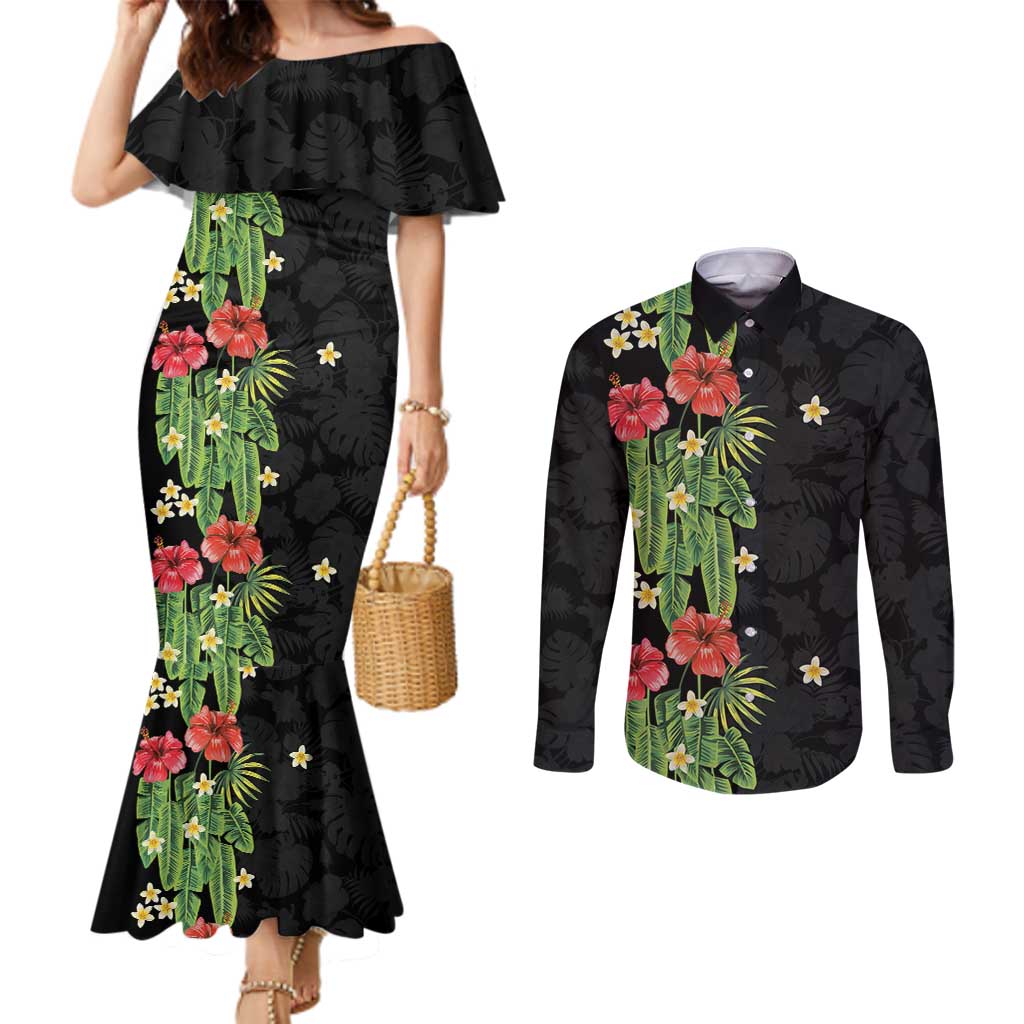 Hawaiian Hibiscus Plumeria Couples Matching Mermaid Dress and Long Sleeve Button Shirt Tropical Leaves
