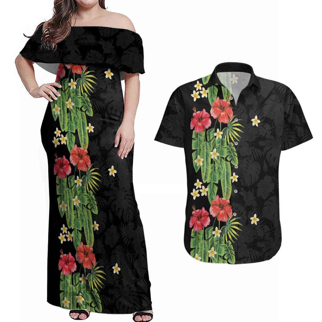 Hawaiian Hibiscus Plumeria Couples Matching Off Shoulder Maxi Dress and Hawaiian Shirt Tropical Leaves