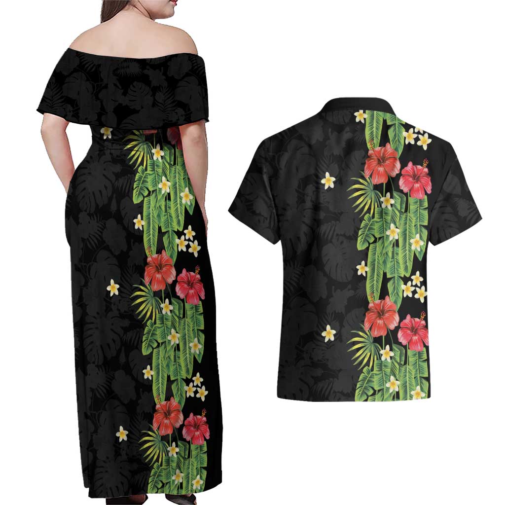 Hawaiian Hibiscus Plumeria Couples Matching Off Shoulder Maxi Dress and Hawaiian Shirt Tropical Leaves