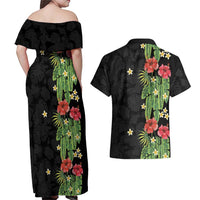 Hawaiian Hibiscus Plumeria Couples Matching Off Shoulder Maxi Dress and Hawaiian Shirt Tropical Leaves