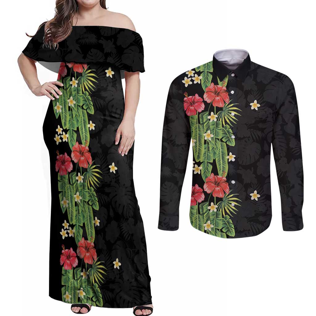 Hawaiian Hibiscus Plumeria Couples Matching Off Shoulder Maxi Dress and Long Sleeve Button Shirt Tropical Leaves