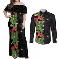 Hawaiian Hibiscus Plumeria Couples Matching Off Shoulder Maxi Dress and Long Sleeve Button Shirt Tropical Leaves