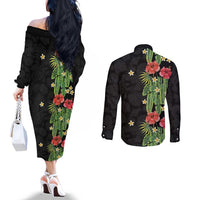 Hawaiian Hibiscus Plumeria Couples Matching Off The Shoulder Long Sleeve Dress and Long Sleeve Button Shirt Tropical Leaves