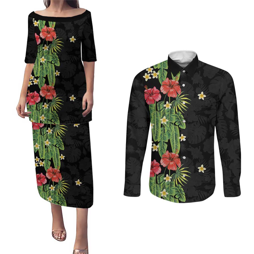 Hawaiian Hibiscus Plumeria Couples Matching Puletasi and Long Sleeve Button Shirt Tropical Leaves LT01 Black - Polynesian Pride