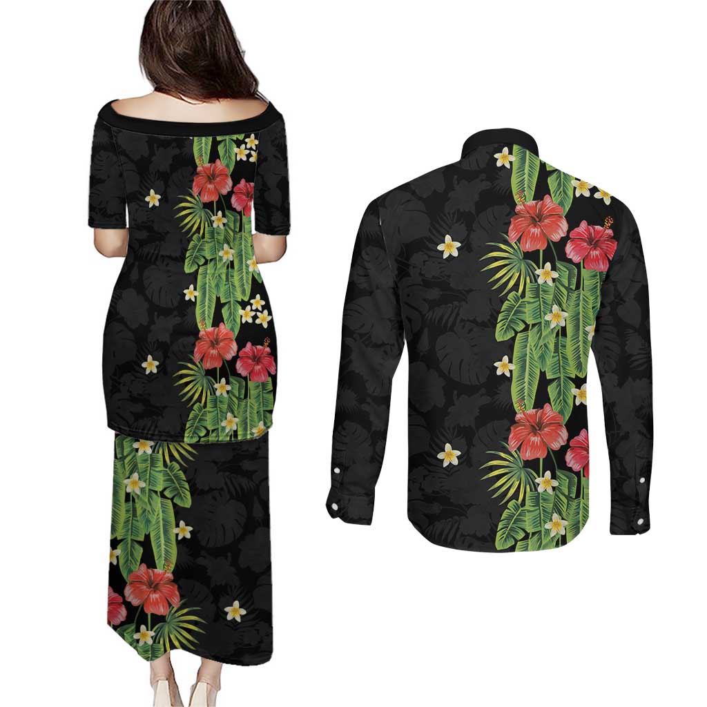 Hawaiian Hibiscus Plumeria Couples Matching Puletasi and Long Sleeve Button Shirt Tropical Leaves LT01 - Polynesian Pride