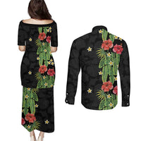 Hawaiian Hibiscus Plumeria Couples Matching Puletasi and Long Sleeve Button Shirt Tropical Leaves LT01 - Polynesian Pride